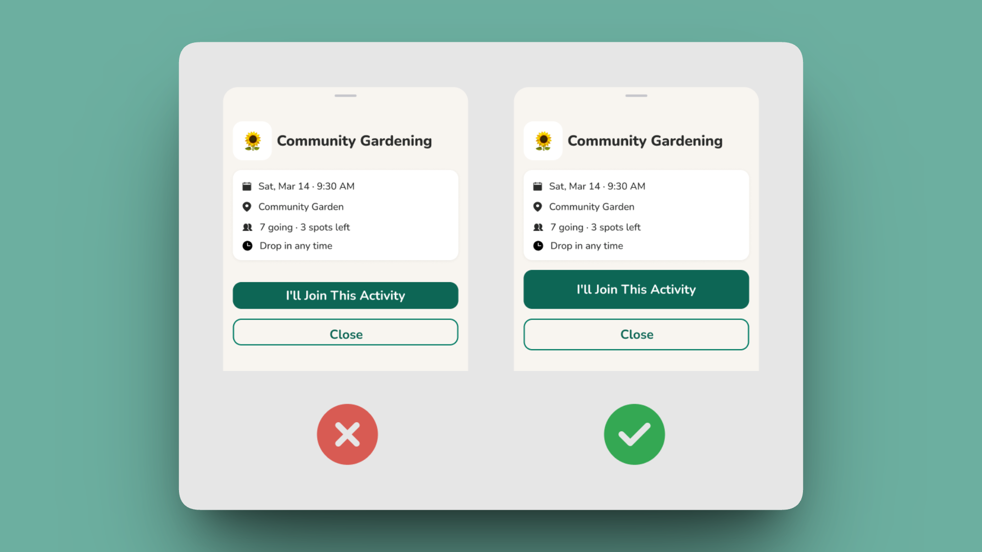 Button comparison: low-contrast outline (rejected) vs solid high-contrast fill (shipped)
