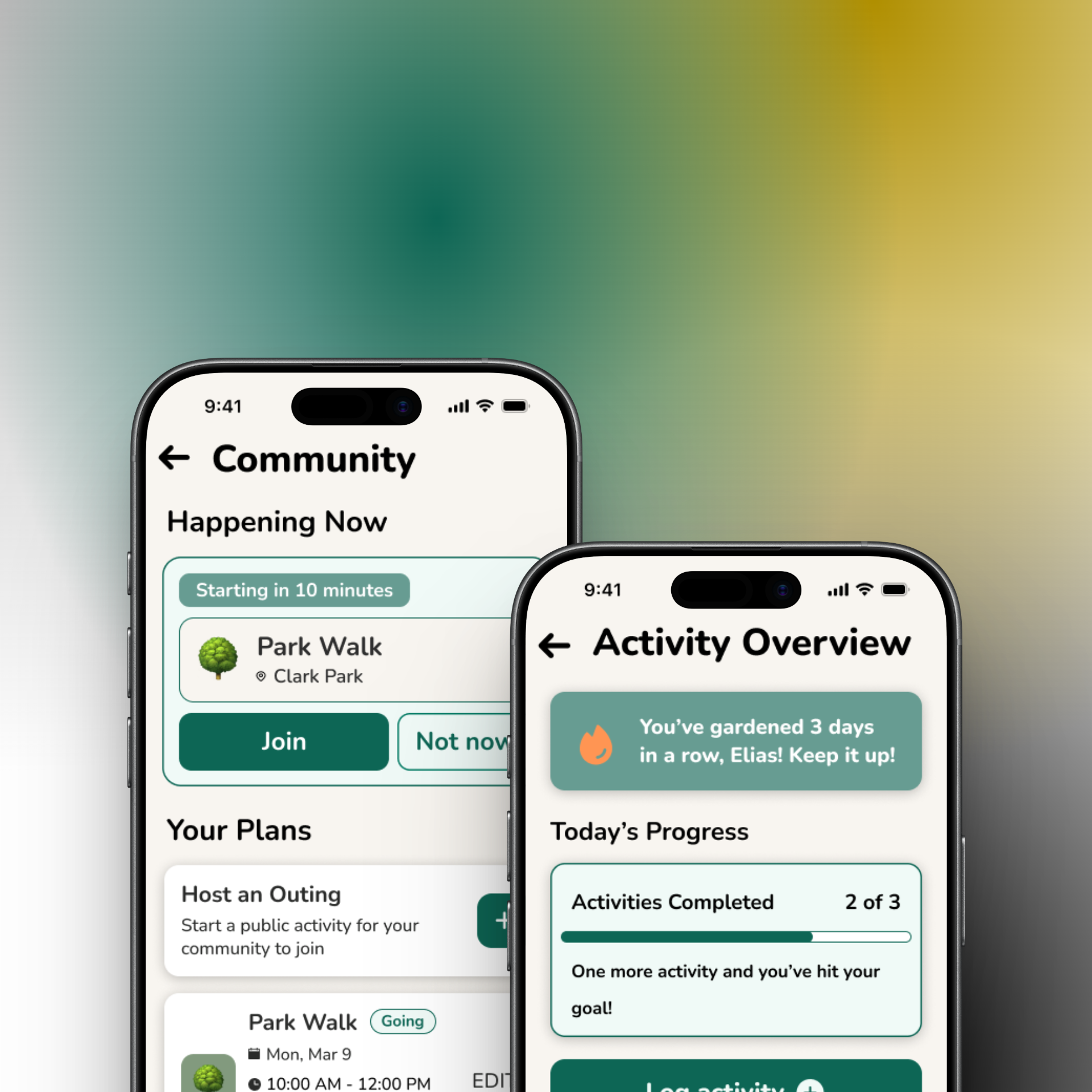 ElderMotion app — Community and Activity Overview screens