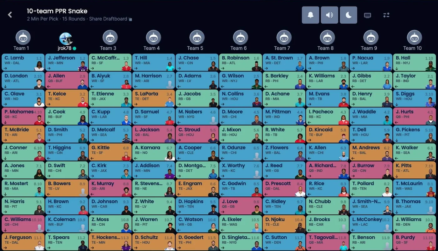 Sleeper fantasy football draft board: 150 sequential picks on one screen, color-coded and built from one repeating card