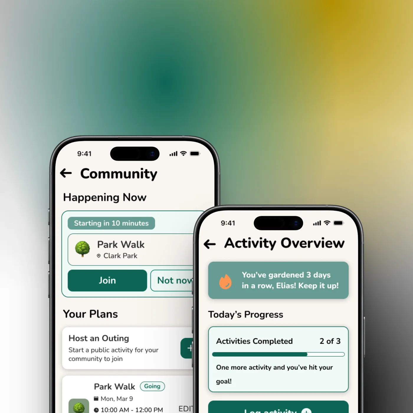 ElderMotion app: the Community and Activity Overview screens, with large labeled buttons