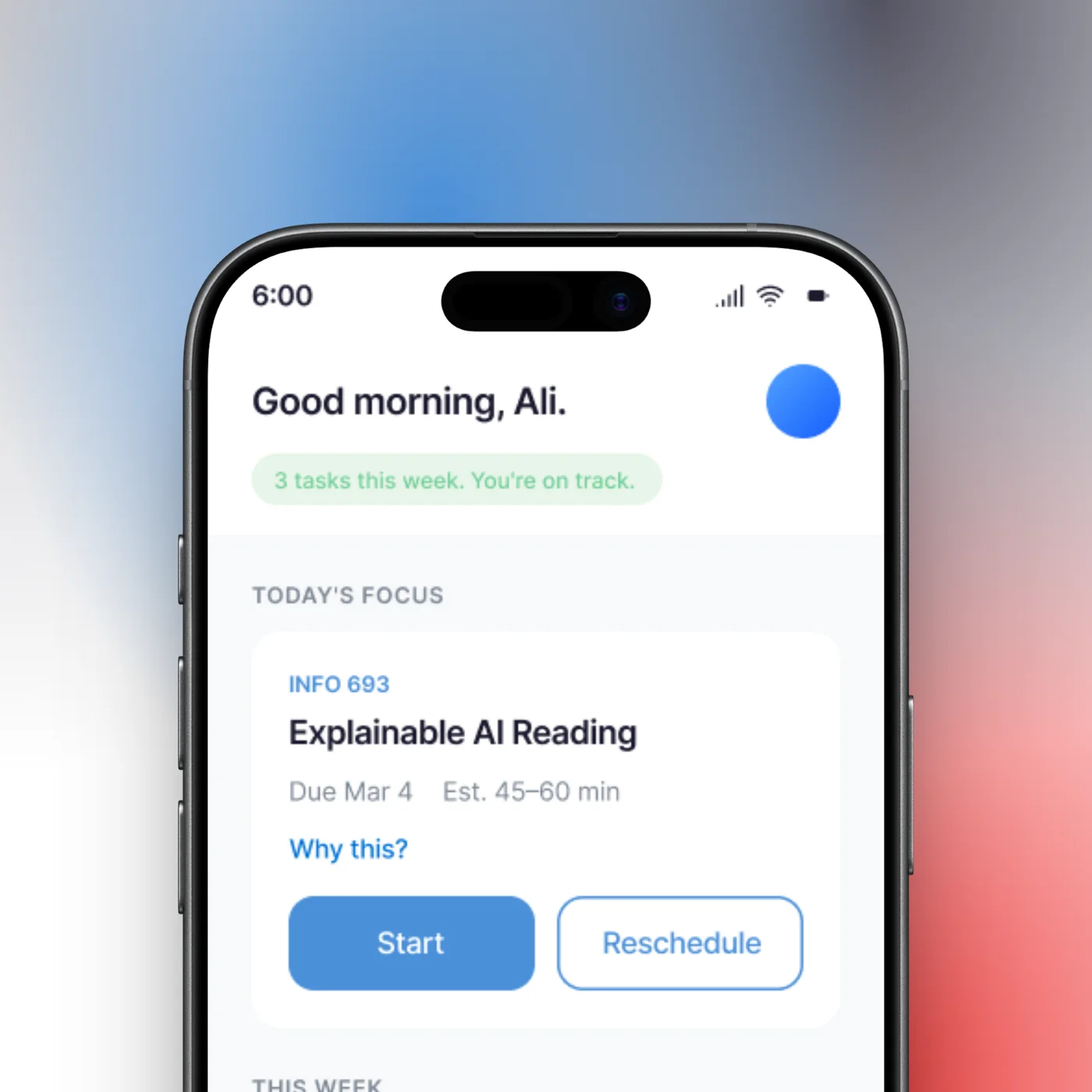 AI Study Buddy home dashboard showing today's focus and a ranked task list